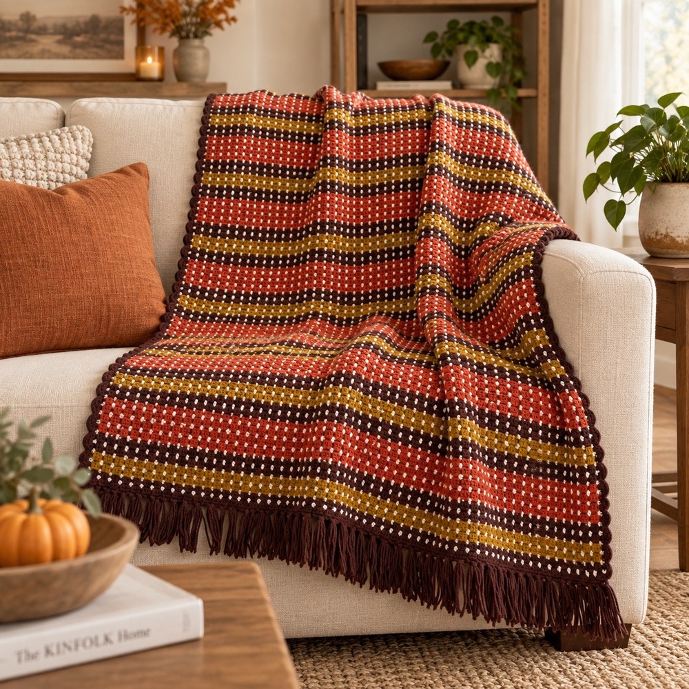 Vintage Handmade Crochet Afghan Throw Blanket 78x48 Brown Rust Mustard Fringe